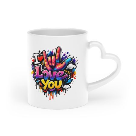 Herzentasse weiss - "I Love You" mit Handzeichen in Comic-Style