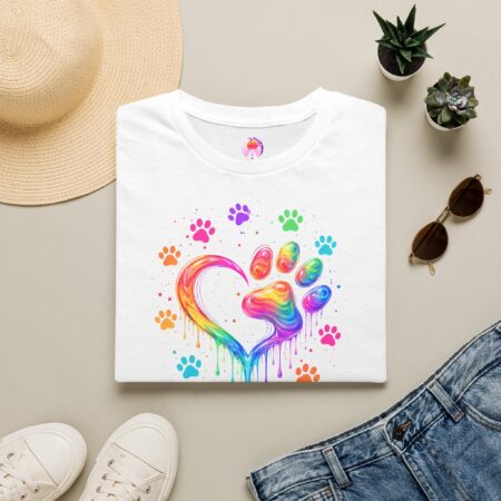 BASIC T‑SHIRT – Rainbow Pawprint Heart für Tierliebhaber