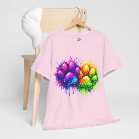 T‑Shirt – Unisex – Neon Pfotenabdrücke – Buntes Paint-Splatter Motiv für Tierfans
