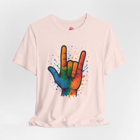 T-Shirt – Unisex – I Love You Handzeichen – Buntes Splash-Art Motiv