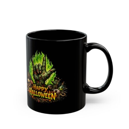 Keramik‑Tasse – Happy Halloween – Zombie Hand & Green Flame – Schwarz (11oz/15oz)