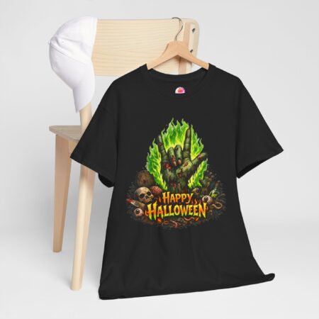 T‑Shirt – Happy Halloween – Zombiehand I love you Sign & Green Flame – Unisex
