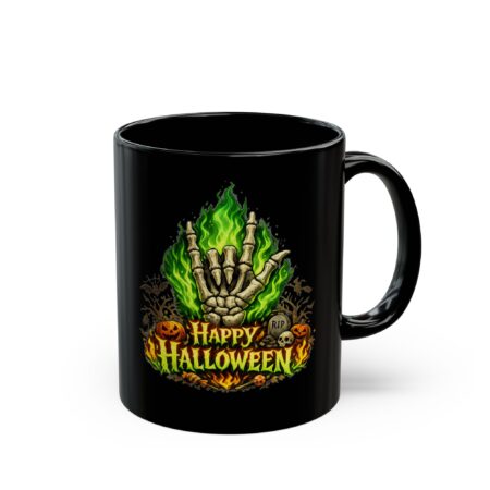 Keramik-Tasse – Happy Halloween – Skeleton Hand – Spooky Green Flame – Schwarz (11oz/15oz)